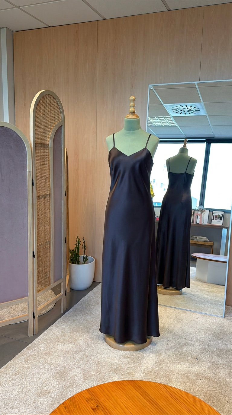 Vestido lencero largo en triacetato marrón sobre maniquí