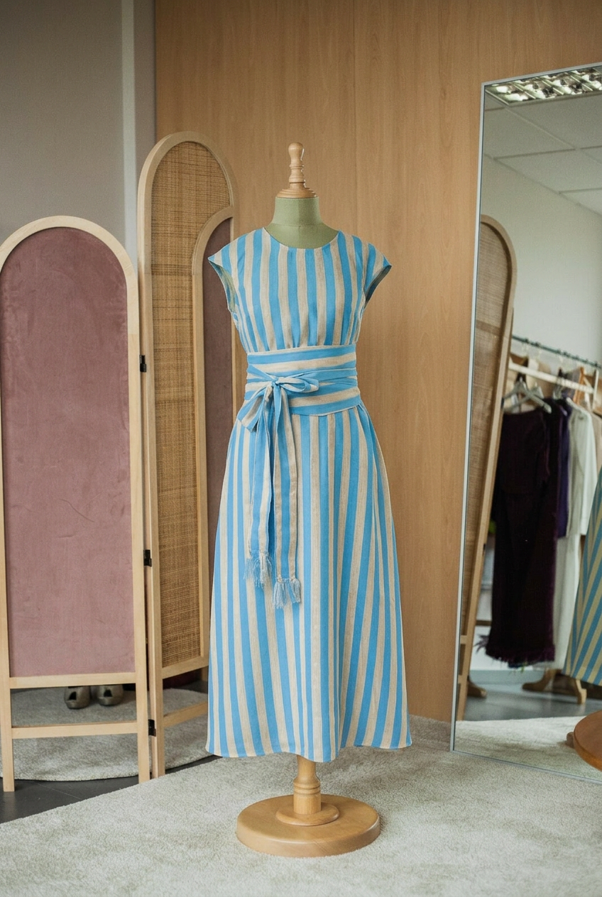 Vestido midi de rayas azul cielo y arena con cinturón fajín